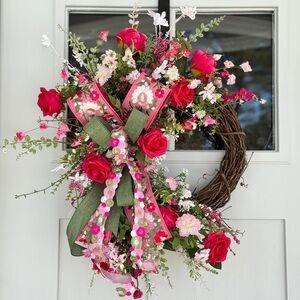 Elegant Spring Floral Wreath with Embroidered Ribbon